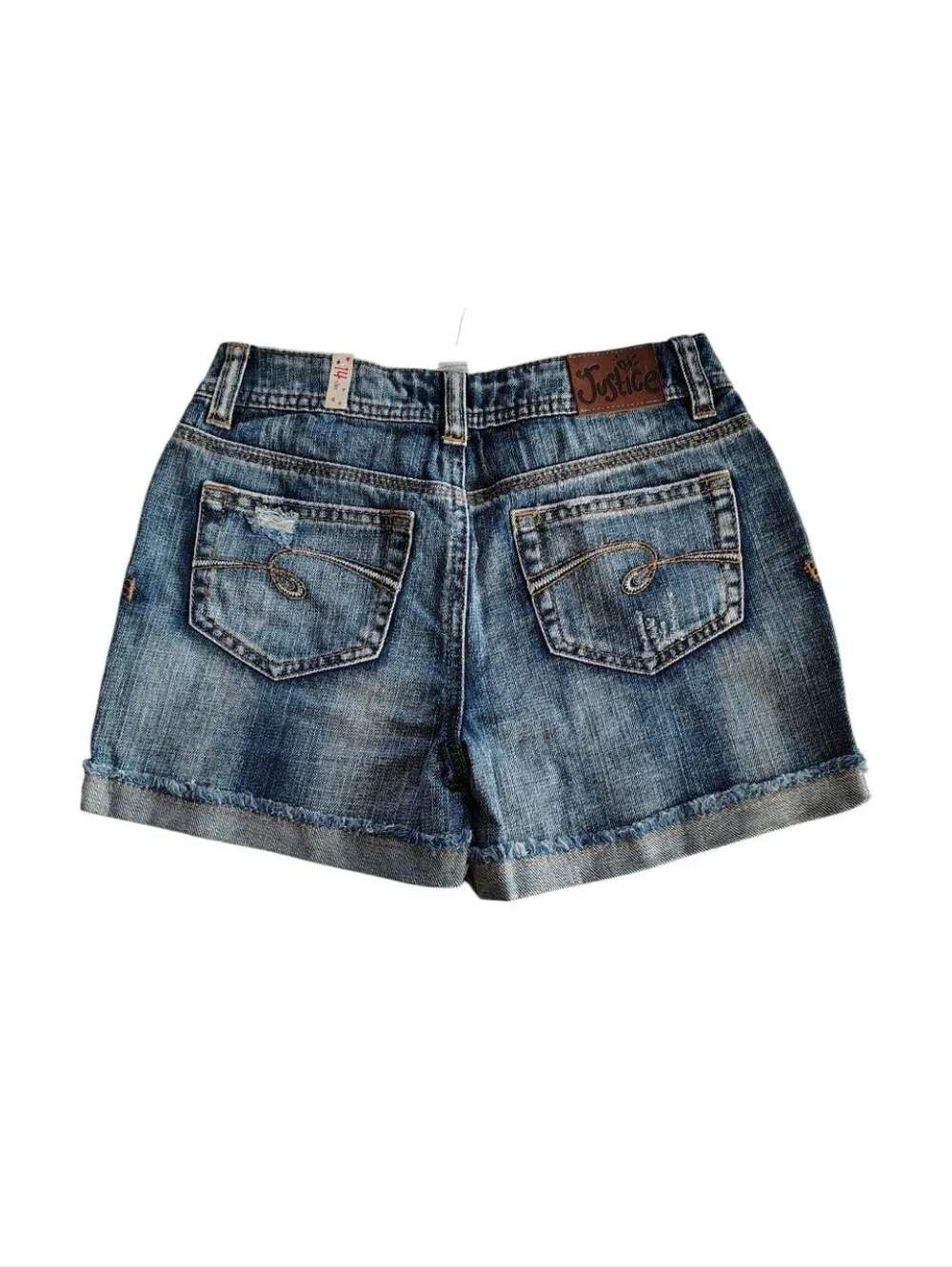 Justice 100% Cotton Distressed Detail Blue Denim Cuffed Jean Shorts Size 14 Girl